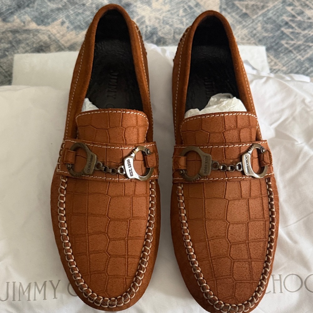 Jimmy Choo Tan Crocodile Embossed Loafers